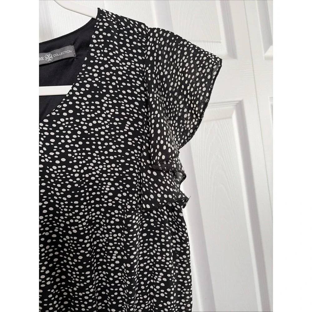 Signature Collection Polka Dot Ruffle Midi Dress Womens Size M 10-12 Black White